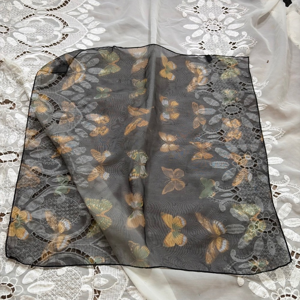 Vintage Whimsical Y2K Sheer Black Butterfly Print Square Neck Scarf Korea - Picture 3 of 6